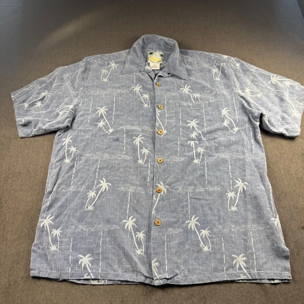 Banana Cabana Mens Blue Silk Palm Tree Print Short Sleeve Button Up Shirt Medium